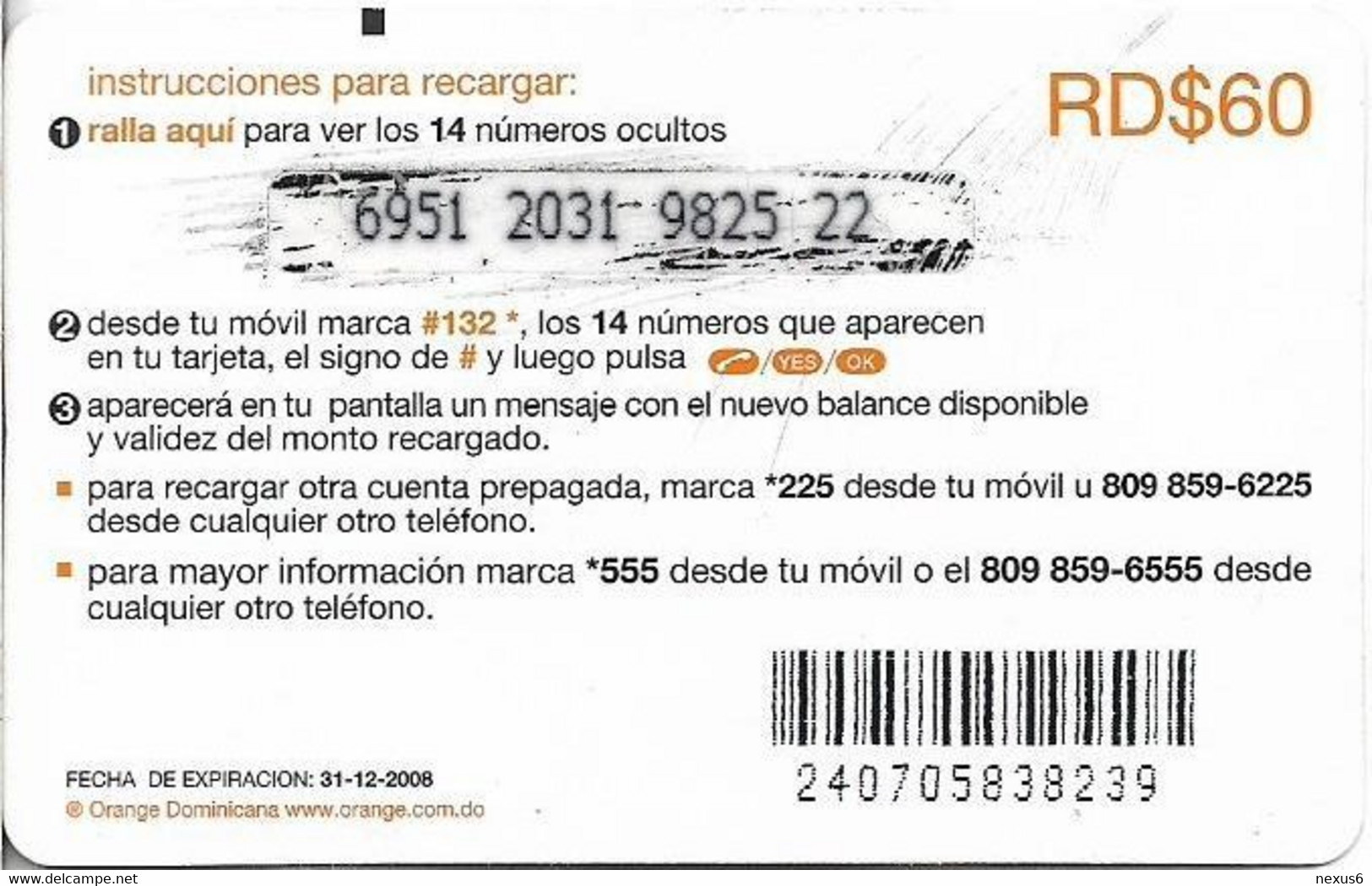 Dominican Rep. - Orange - Sandglass Black, Exp.31.12.2008, GSM Refill 60RD$, Used - Dominicaanse Republiek