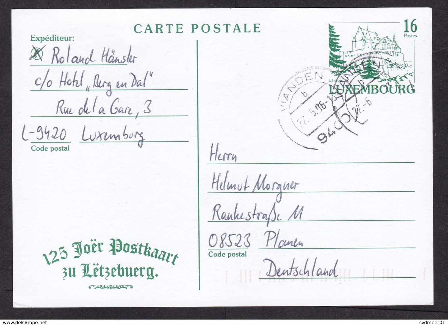Luxembourg: Stationery Postcard To Germany, 1996, Castle, Cancel Vianden (traces Of Use) - Brieven En Documenten