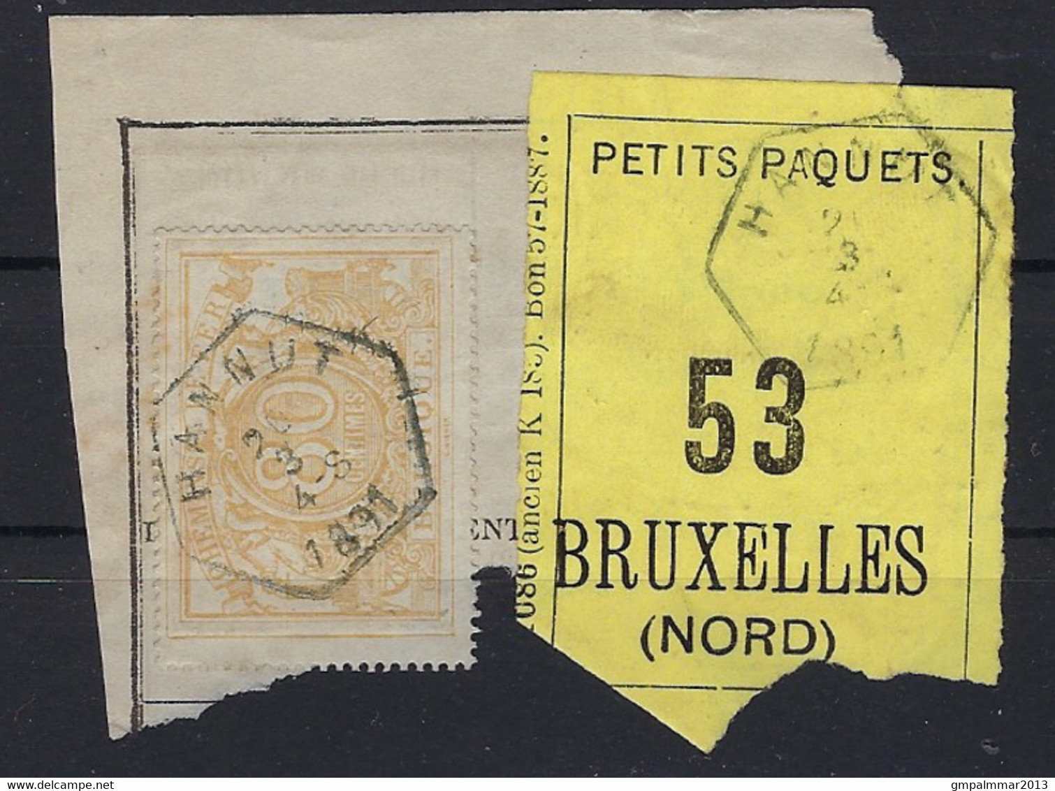 SP12 / TR 12 Fragment Met Etiquette PETITS PAQUETS : Nr. 53 HEXAGONALE Stempel HANNUT > BRUXELLES ( NORD ) ! LOT 269 - Documents & Fragments