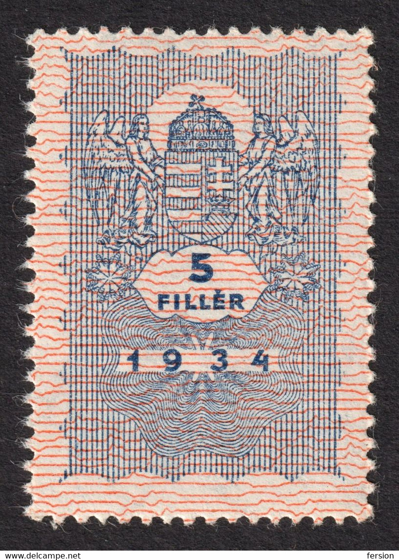 1934 Hungary Ungarn Hongrie - Revenue Tax Fiscal Stamp / COAT Of ARMS / Angel - 5 F - MNH - Revenue Stamps