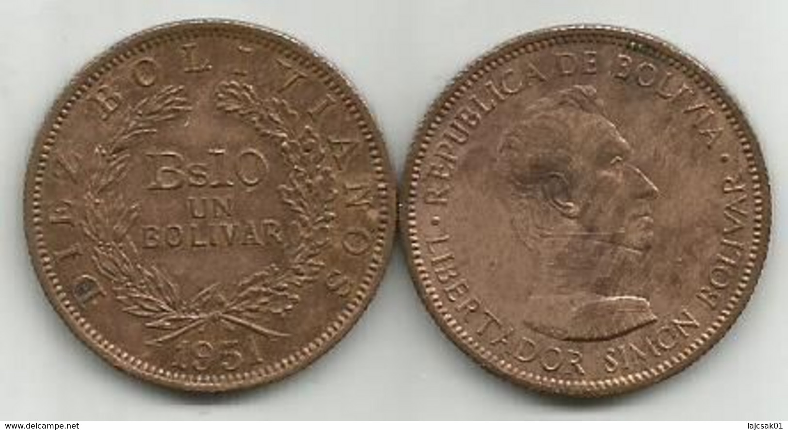 Bolivia 10 Bolivianos 1 Bolivar 1951. - Bolivie