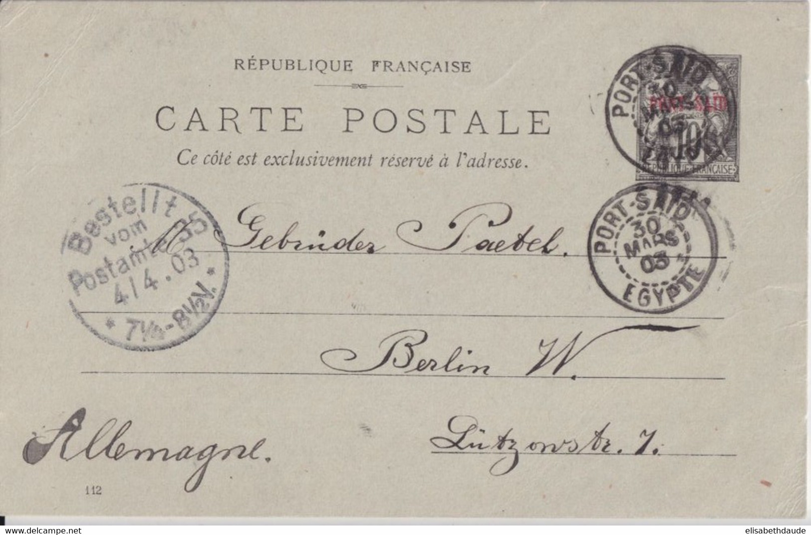 PORT SAÏD (EGYPTE) - 1903 - CARTE ENTIER TYPE SAGE SURCHARGEE => BERLIN ! - Lettres & Documents