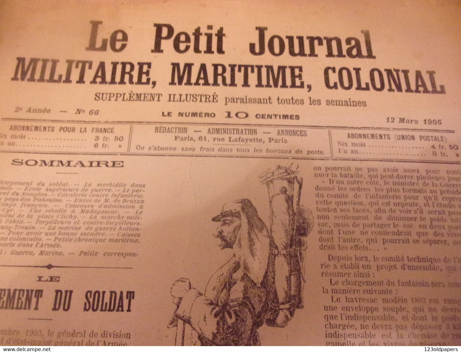 ♥️♥️ N°66 1905 ♥️♥️ LE PETIT JOURNAL MILITAIRE MARITIME COLONIAL HAVRESAC LEGION  TIRAILLEUR  RUSSE PAQUETAGE SIMPLON TA - Andere & Zonder Classificatie