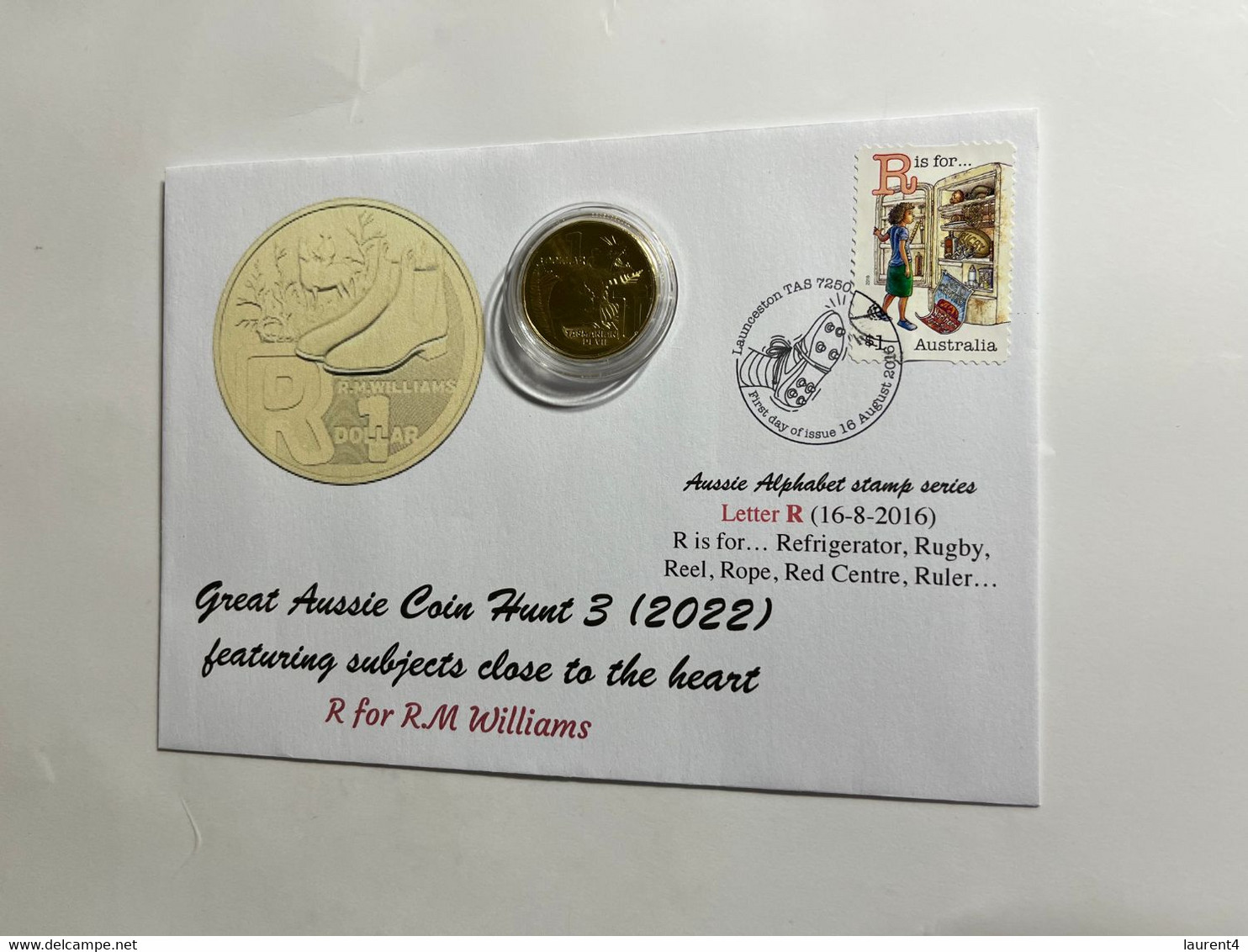 (1 M 12) Australia 2022 Letter R $ 1.00 Coin (Aussie) + Alphabet Letter R (2016) - Cover With Stamp & Coin - Dollar