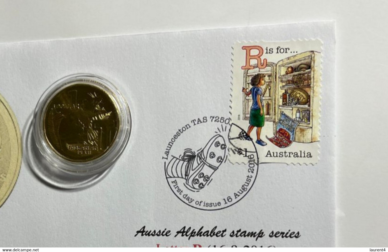 (1 M 12) Australia 2022 Letter R $ 1.00 Coin (Aussie) + Alphabet Letter R (2016) - Cover With Stamp & Coin - Dollar