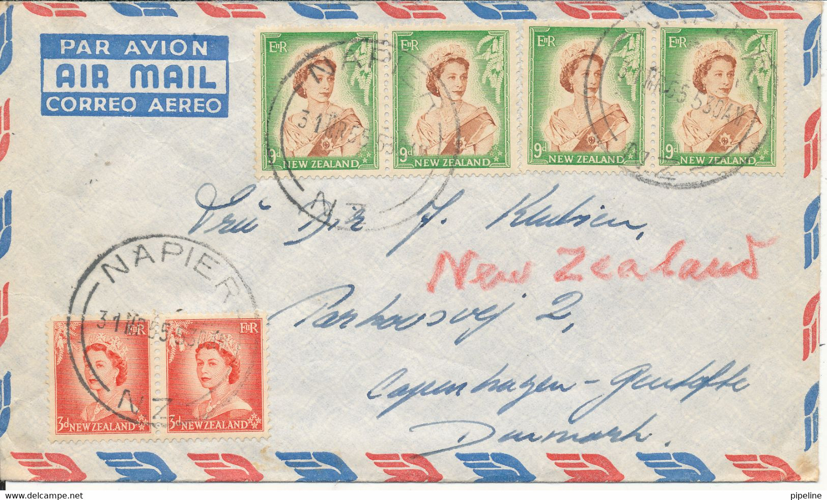 New Zealand Air Mail Cover Sent To Denmark Napier 31-3-1955 - Corréo Aéreo