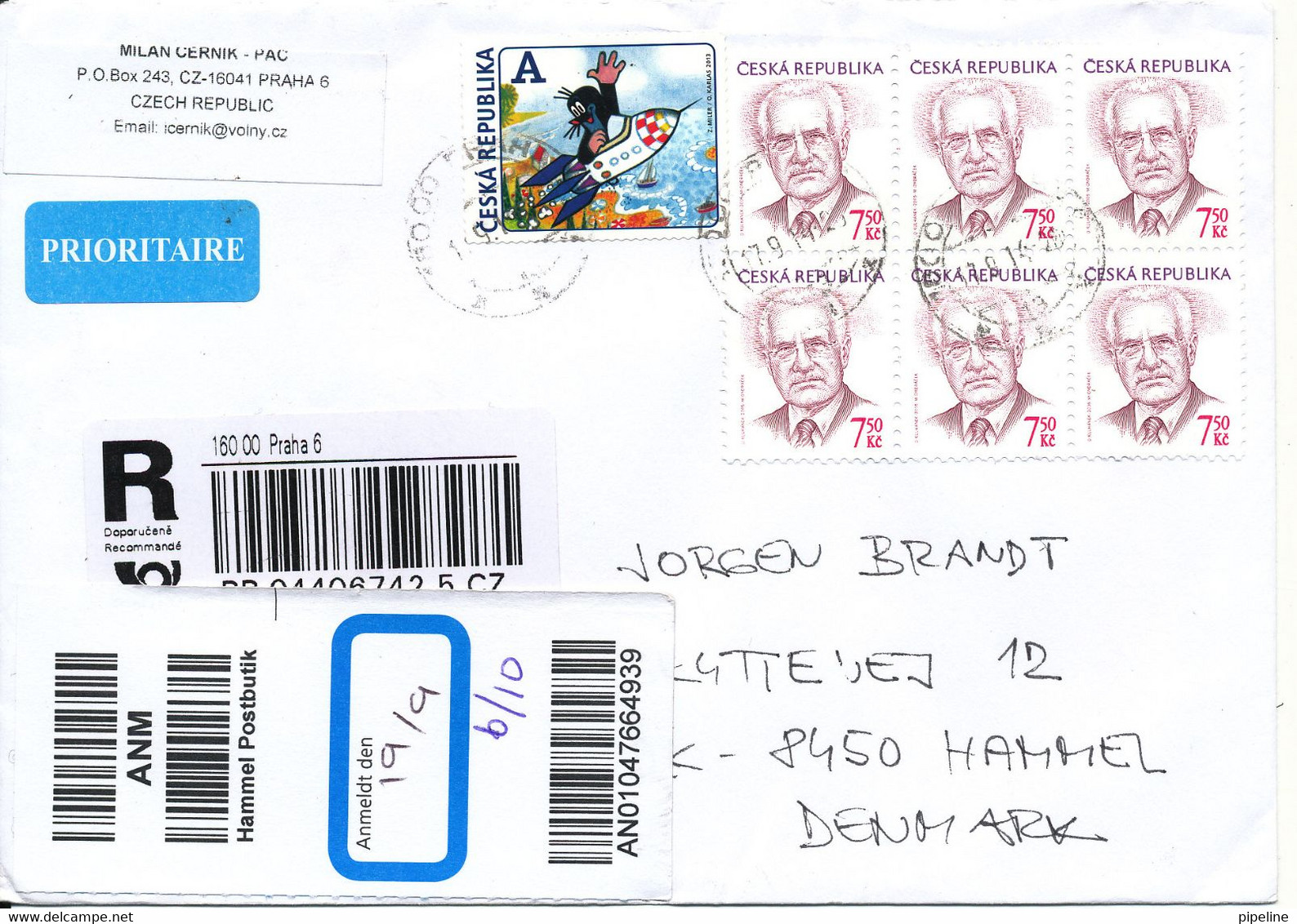 Czech Republic Registered Cover Sent To Denmark 17-9-2014 - Lettres & Documents