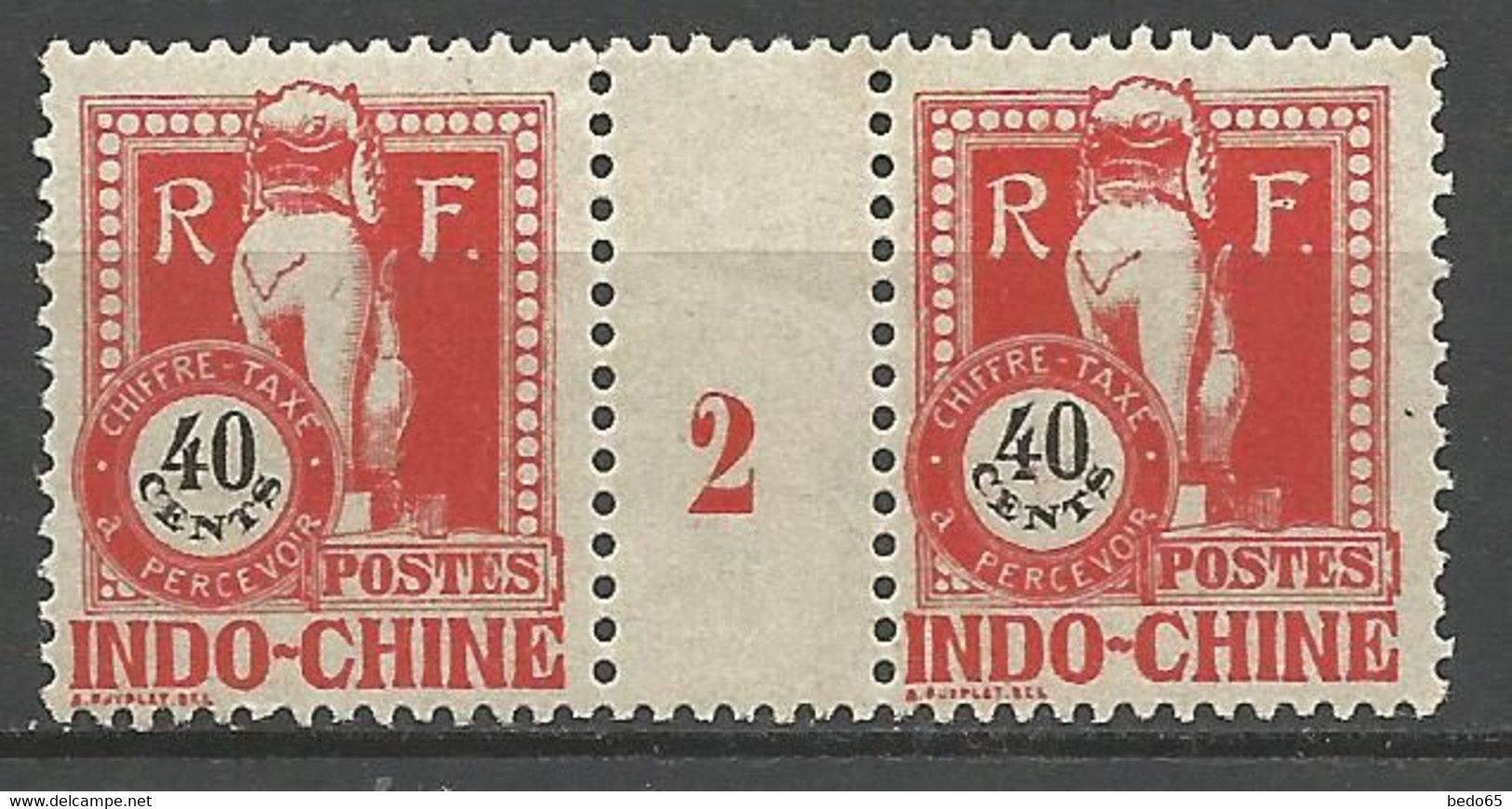 INDOCHINE TAXE N° 42 Gom Coloniale Millésime 2 NEUF**  SANS CHARNIERE  / MNH - Strafport