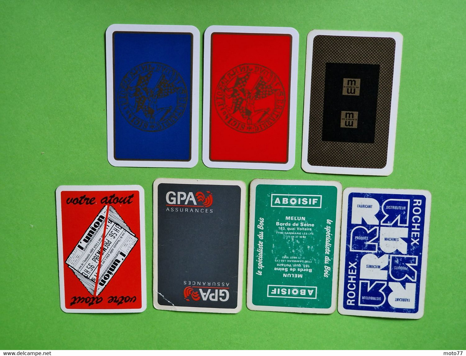 Lot 7 Cartes à Jouer - VALET De TREFLE - Dos Bleu, Rouge - Pub L'UNION Reims, ABOISIF, GPA, M&M, ROCHEX - Vers 1990/2000 - 32 Karten