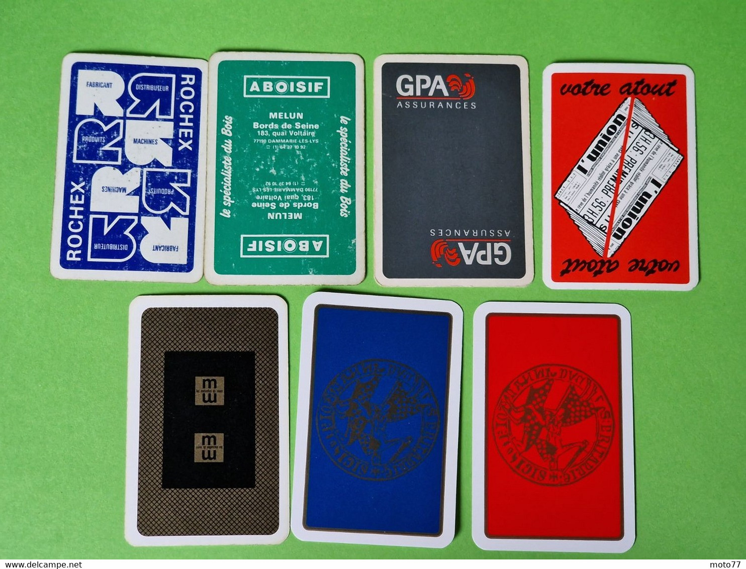 Lot 7 Cartes à Jouer - VALET De PIQUE - Dos Bleu,Rouge - Pub L'UNION Reims, ABOISIF, GPA, M&M, ROCHEX - Vers 1990/2000 - 32 Cards