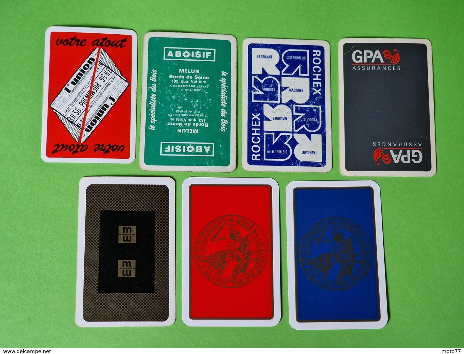 Lot 7 Cartes à Jouer - DAME De TRÈFLE - Dos Bleu,Rouge - Pub L'UNION Reims, ABOISIF, GPA, M&M, ROCHEX - Vers 1990/2000 - 32 Cartas