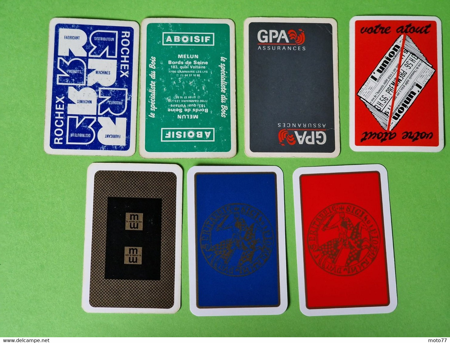 Lot 7 Cartes à Jouer - DAME De PIQUE - Dos Bleu,Rouge - Pub L'UNION Reims, ABOISIF, GPA, M&M, ROCHEX - Vers 1990/2000 - 32 Cards