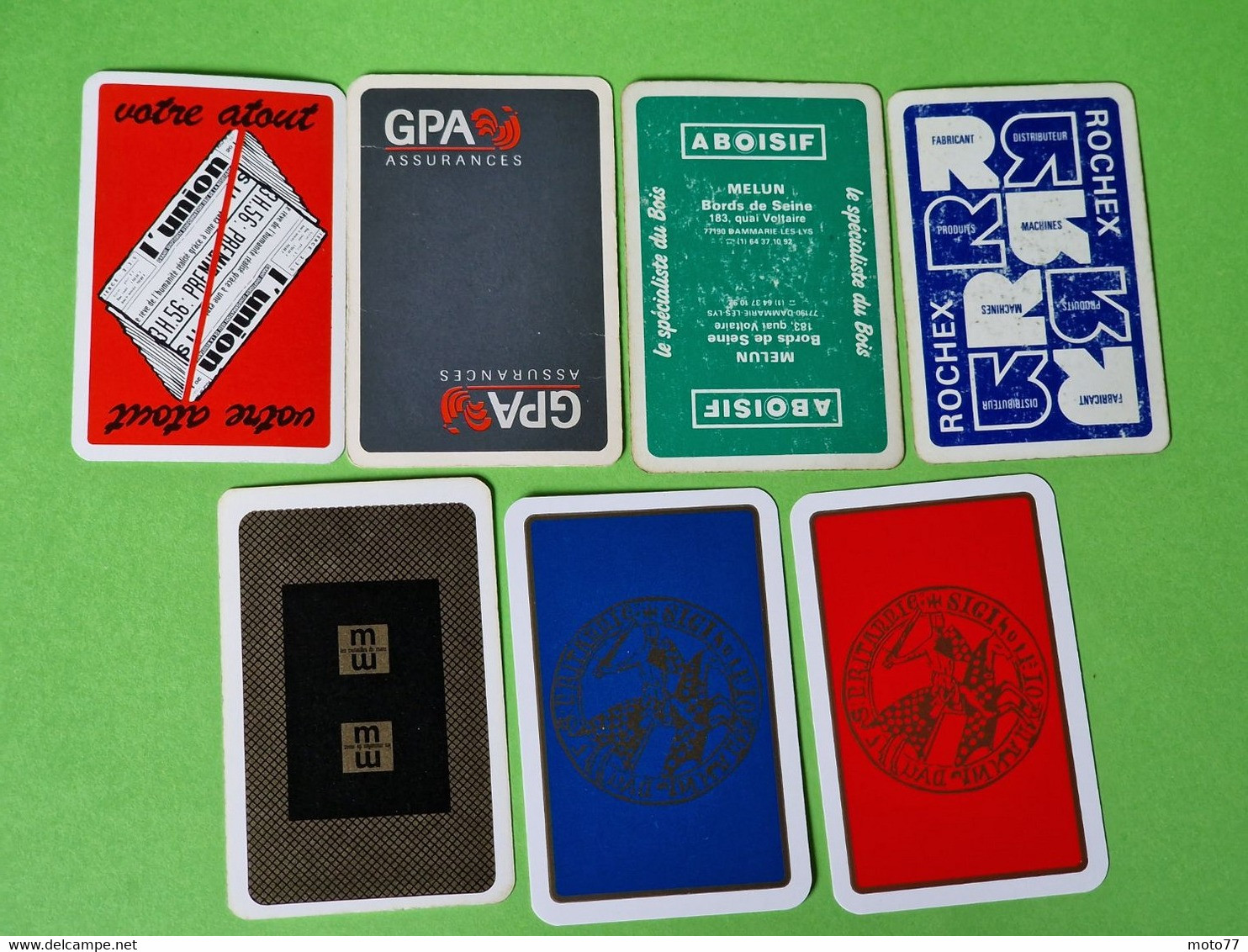 Lot 7 Cartes à Jouer - ROI De TRÈFLE - Dos Bleu,Rouge - Pub L'UNION Reims, ABOISIF, GPA, M&M, ROCHEX - Vers 1990/2000 - 32 Cartas