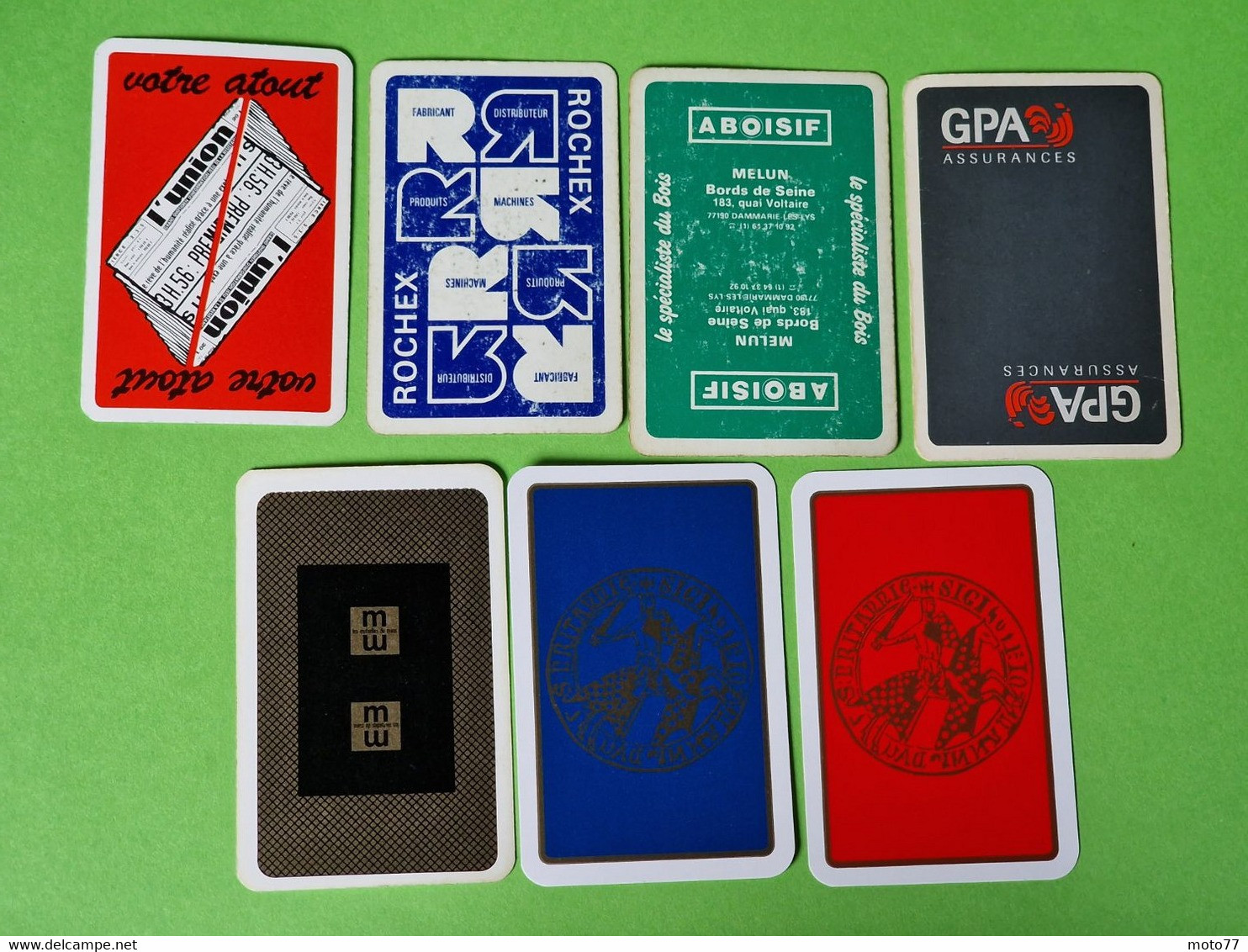 Lot 7 Cartes à Jouer - ROI De PIQUE - Dos Bleu,Rouge - Pub L'UNION Reims, ABOISIF, GPA, M&M, ROCHEX - Vers 1990/2000 - 32 Cards