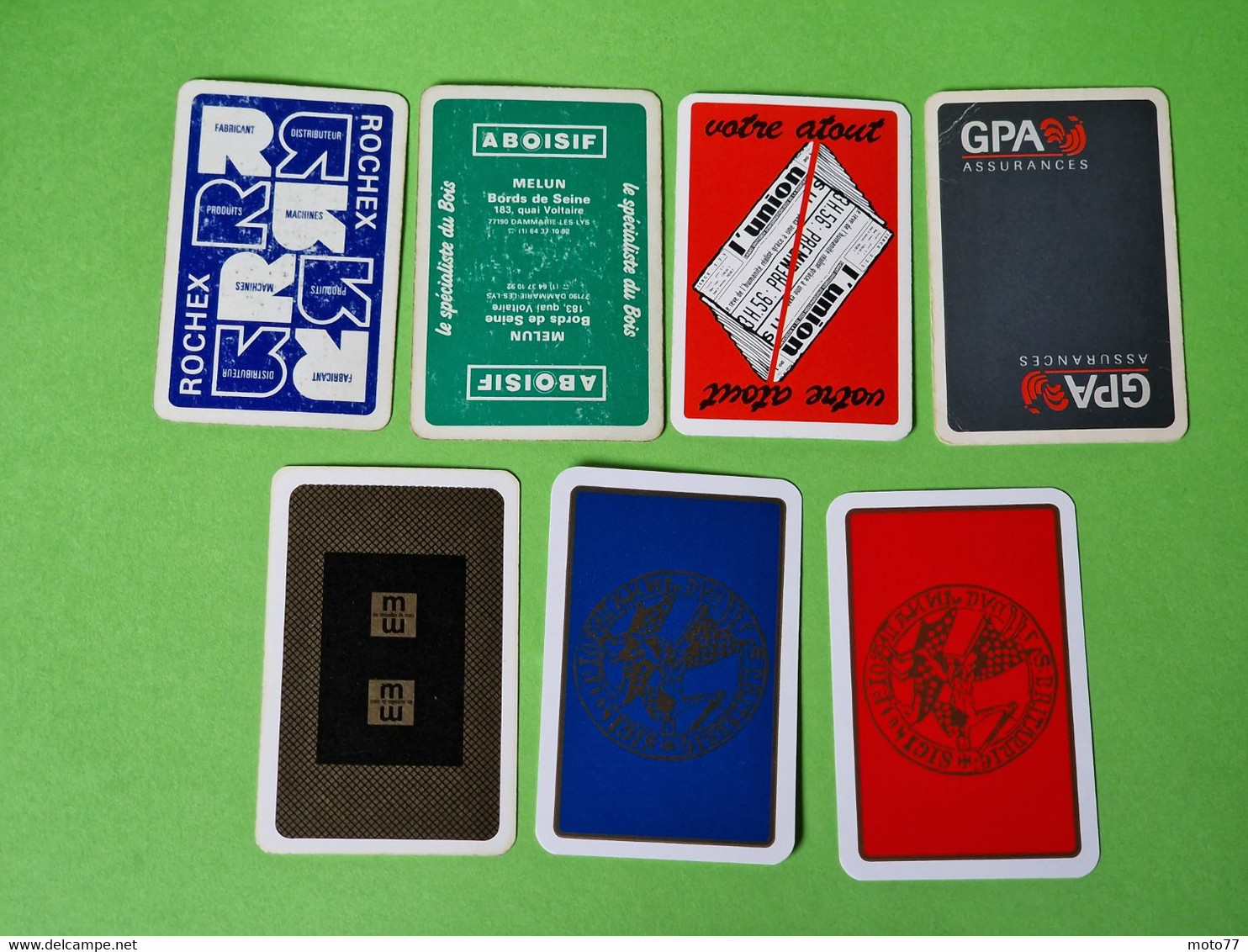 Lot 7 Cartes à Jouer - AS De TRÈFLE - Dos Bleu,Rouge - Pub L'UNION Reims, ABOISIF, GPA, M&M, ROCHEX - Vers 1990/2000 - 32 Karten