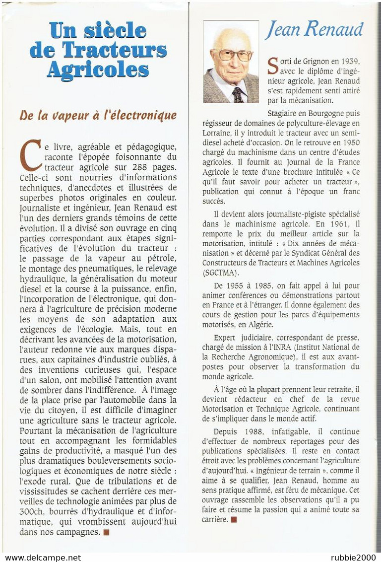 UN SIECLE DE TRACTEURS AGRICOLES DE LA VAPEUR A L ELECTRONIQUE 1998 PAR JEAN RENAUD EDITIONS FRANCE AGRICOLE TRACTEUR - Tractors