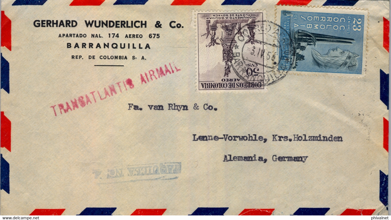 1956 COLOMBIA , SOBRE CIRCULADO , CORREO AÉREO , BARRANQUILLA - HOLZMINDEN , TRANSATLANTIC AIR MAIL , TAQUILLA Nº 4 - Colombie