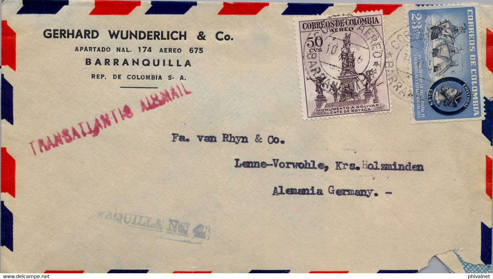 1956 COLOMBIA , SOBRE CIRCULADO , CORREO AÉREO , BARRANQUILLA - HOLZMINDEN , TRANSATLANTIC AIR MAIL , TAQUILLA Nº 4 - Kolumbien