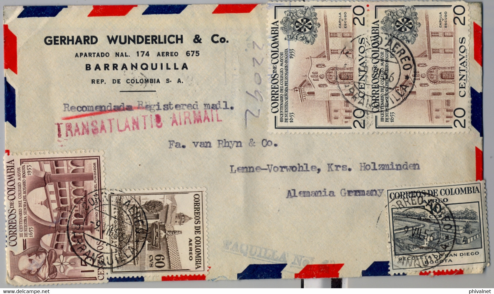 1956 COLOMBIA , SOBRE CERTIFICADO , CORREO AÉREO , BARRANQUILLA - HOLZMINDEN , TRANSATLANTIC AIR MAIL , TAQUILLA Nº 4 - Kolumbien