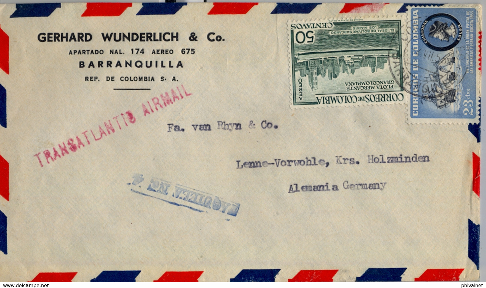 1956 COLOMBIA , SOBRE CIRCULADO , CORREO AÉREO , BARRANQUILLA - HOLZMINDEN , TRANSATLANTIC AIR MAIL , TAQUILLA Nº 4 - Colombia