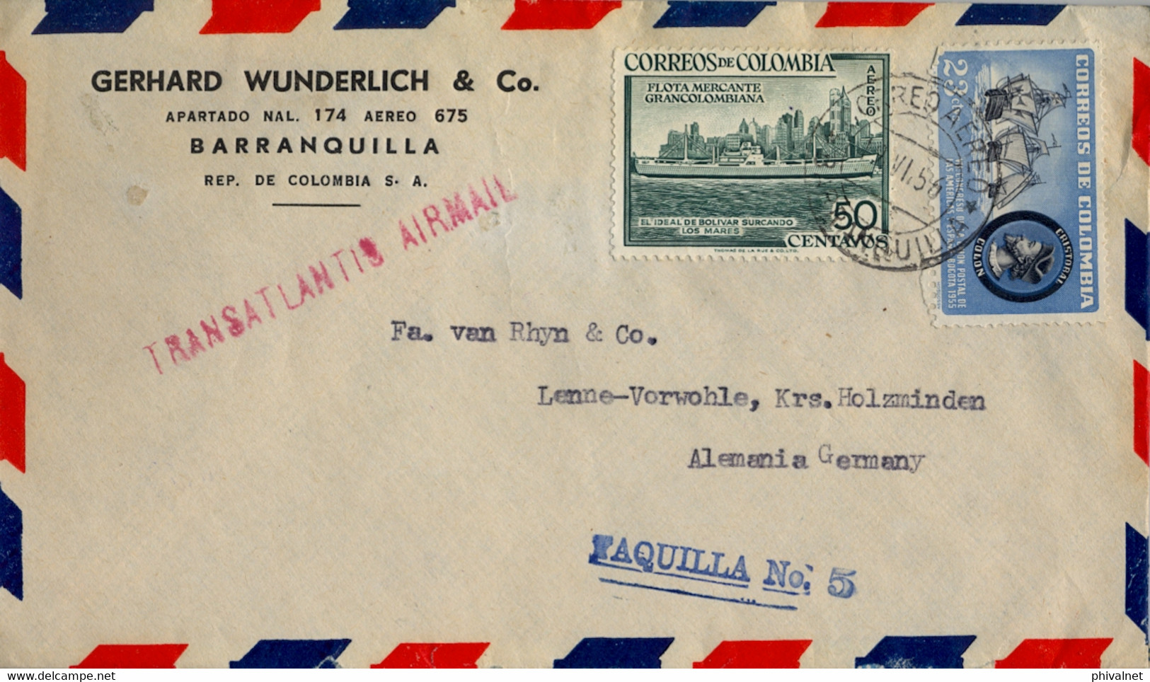 1956 COLOMBIA , SOBRE CIRCULADO , CORREO AÉREO , BARRANQUILLA - HOLZMINDEN , TRANSATLANTIC AIR MAIL , TAQUILLA Nº 5 - Kolumbien