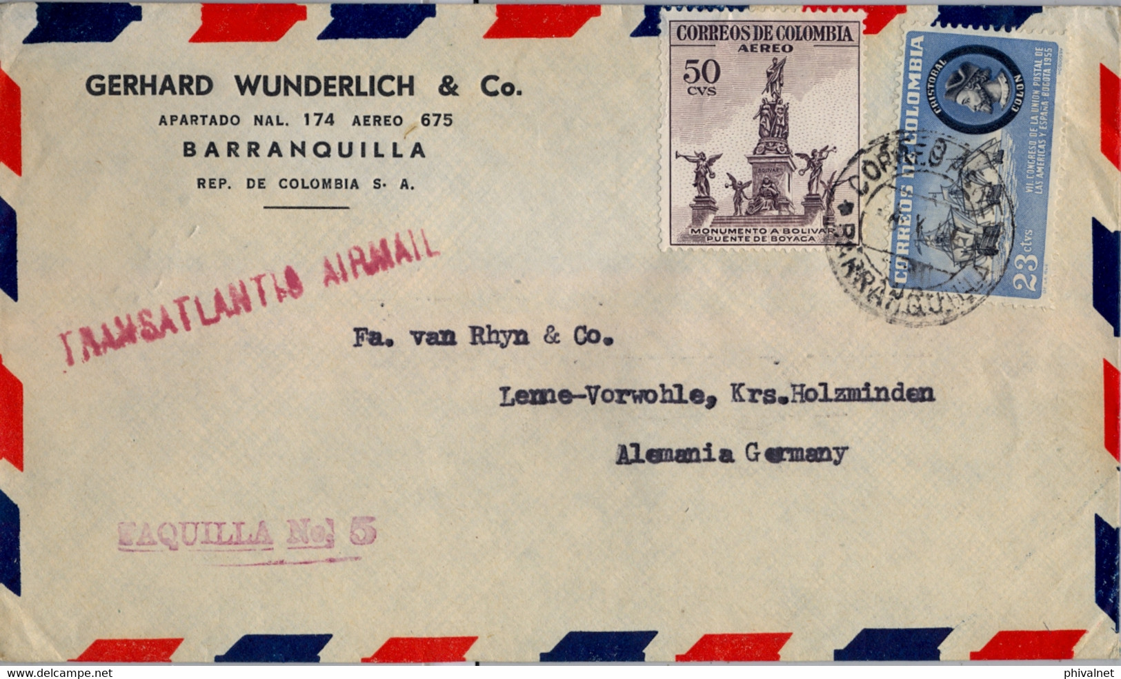 1956 COLOMBIA , SOBRE CIRCULADO , CORREO AÉREO , BARRANQUILLA - HOLZMINDEN , TRANSATLANTIC AIR MAIL , TAQUILLA Nº 5 - Colombia