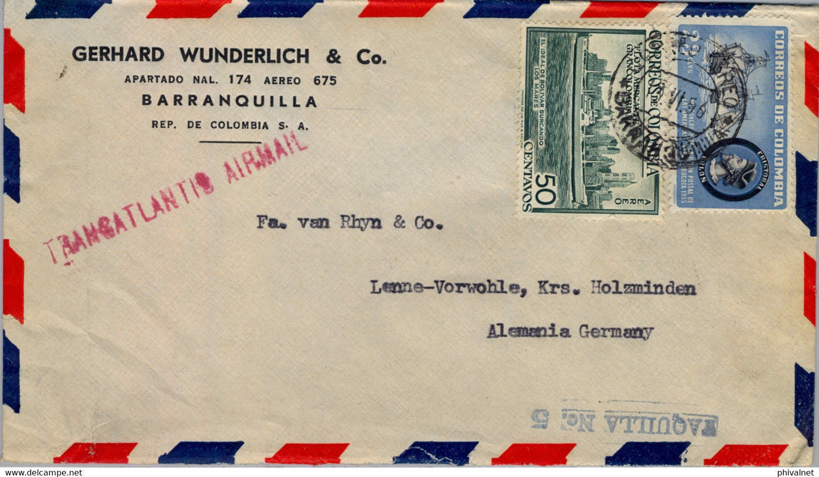 1956 COLOMBIA , SOBRE CIRCULADO , CORREO AÉREO , BARRANQUILLA - HOLZMINDEN , TRANSATLANTIC AIR MAIL , TAQUILLA Nº 5 - Colombia