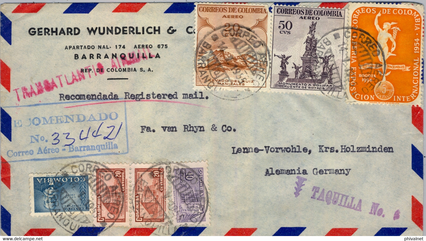 1955 COLOMBIA , SOBRE CERTIFICADO , CORREO AÉREO , BARRANQUILLA - HOLZMINDEN , TRANSATLANTIC AIR MAIL , TAQUILLA Nº 5 - Colombia