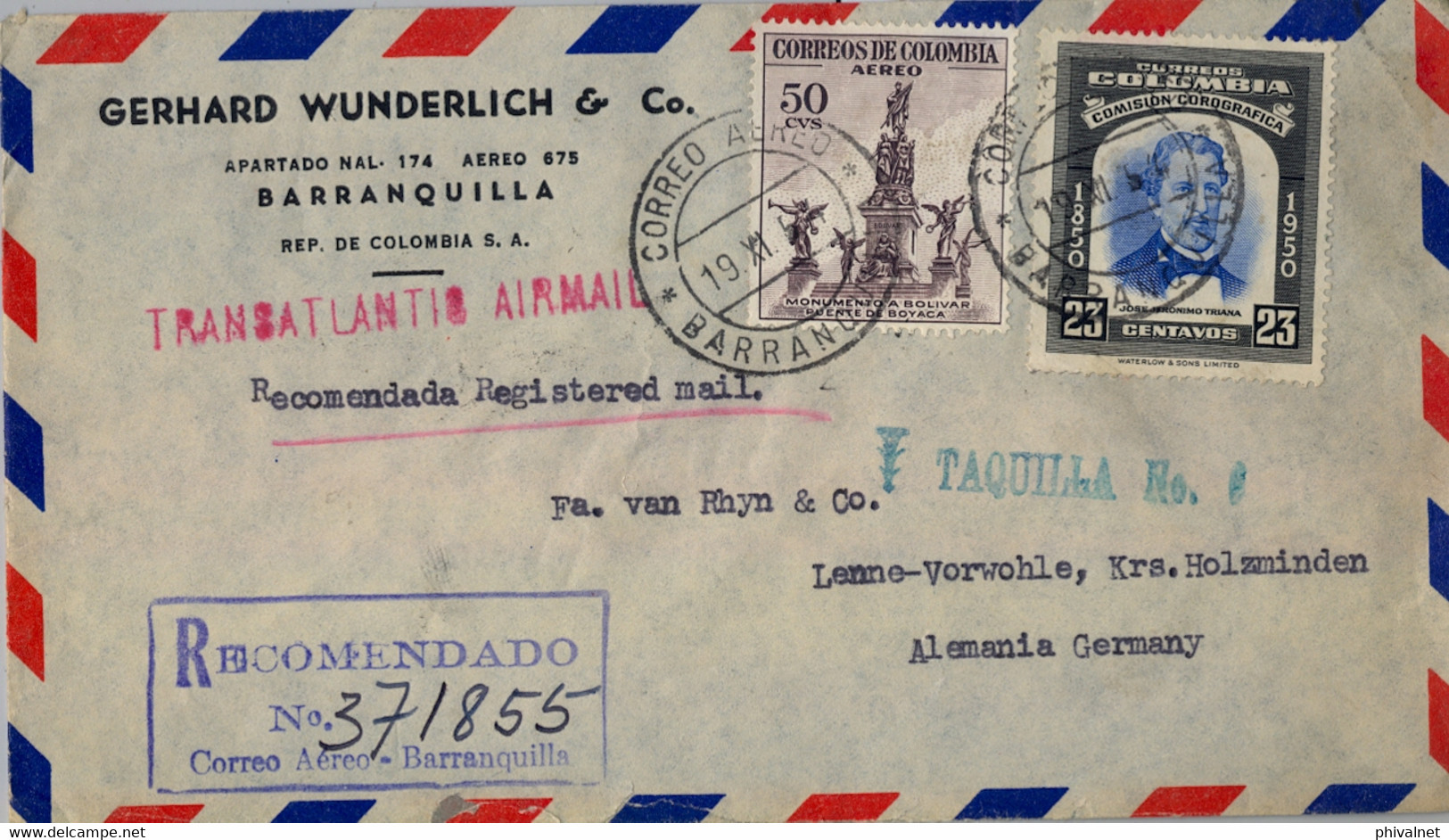 1954 COLOMBIA , SOBRE CERTIFICADO , CORREO AÉREO , BARRANQUILLA - HOLZMINDEN , TRANSATLANTIC AIR MAIL , TAQUILLA Nº 6 - Kolumbien