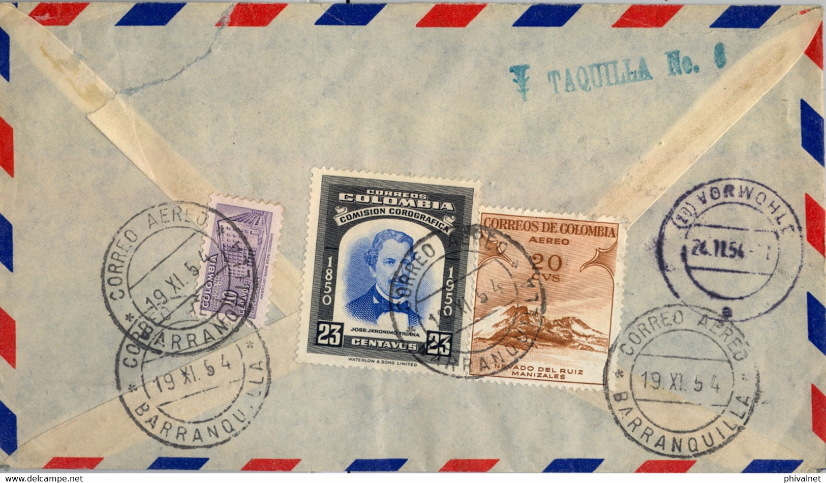 1954 COLOMBIA , SOBRE CERTIFICADO , CORREO AÉREO , BARRANQUILLA - HOLZMINDEN , TRANSATLANTIC AIR MAIL , TAQUILLA Nº 6 - Kolumbien