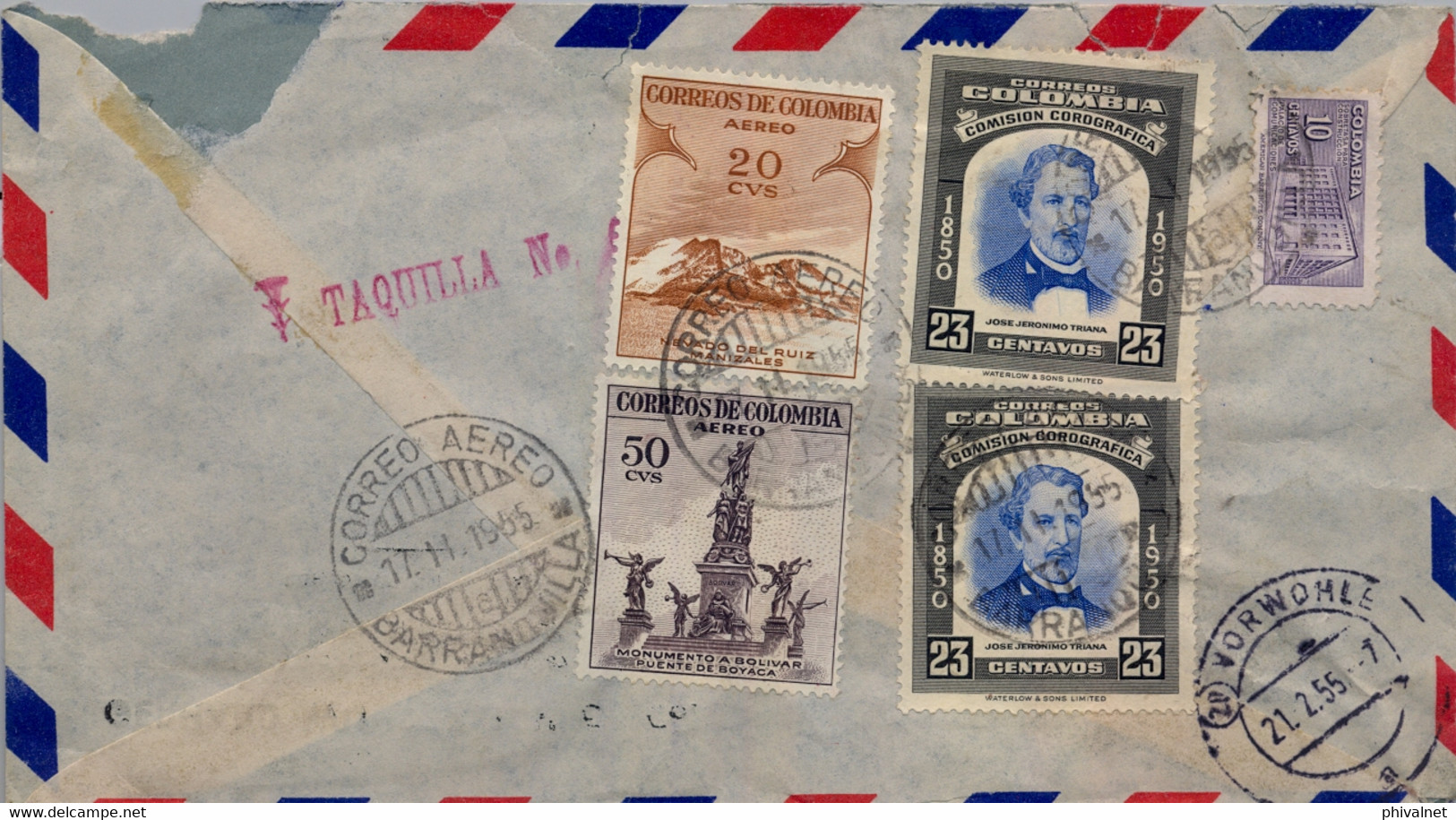 1955 COLOMBIA , SOBRE CERTIFICADO , CORREO AÉREO , BARRANQUILLA - HOLZMINDEN , TRANSATLANTIC AIR MAIL , TAQUILLA Nº 6 - Kolumbien