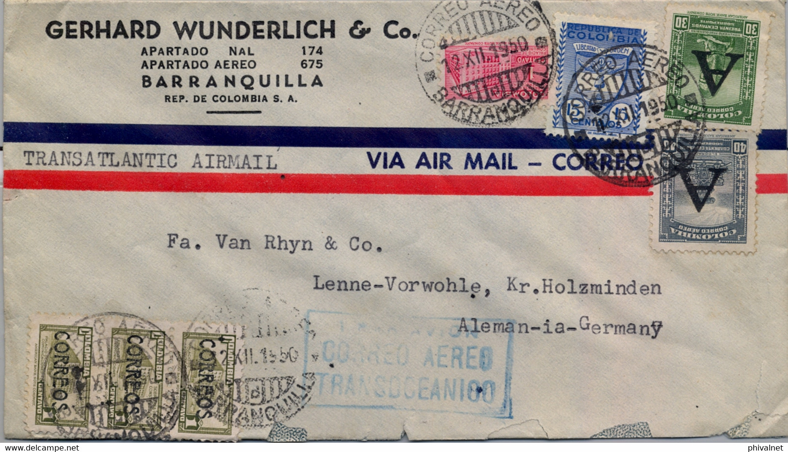 1950  COLOMBIA , SOBRE CIRCULADO  , BARRANQUILLA - LENNE , "  1 PAR AVION / CORREO AÉREO / TRANSOCEÁNICO " - Colombia