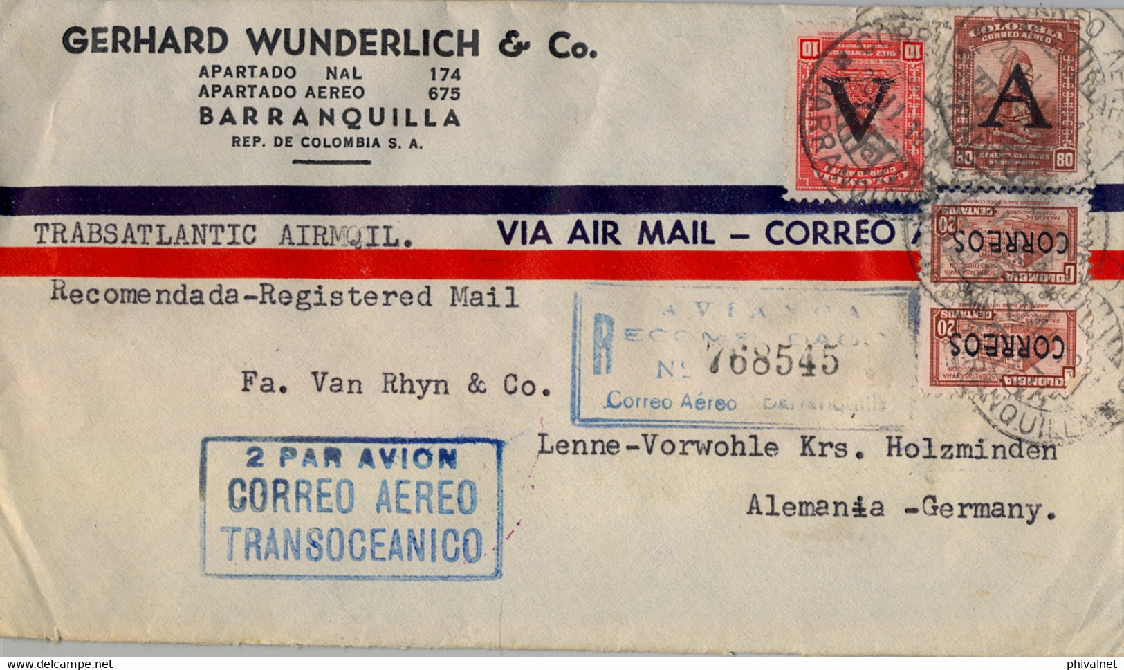 1951  COLOMBIA , SOBRE CERTIFICADO  , BARRANQUILLA - LENNE , "  2 PAR AVION / CORREO AÉREO / TRANSOCEÁNICO " , AVIANCA - Colombia
