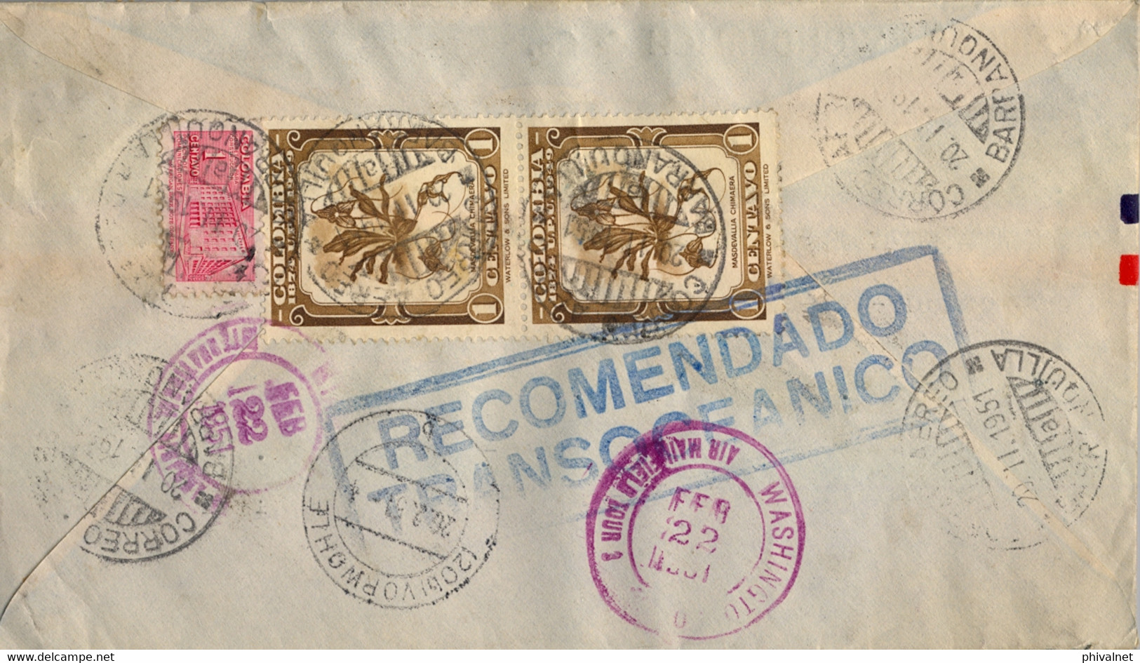 1951  COLOMBIA , SOBRE CERTIFICADO  , BARRANQUILLA - LENNE , "  2 PAR AVION / CORREO AÉREO / TRANSOCEÁNICO " , AVIANCA - Colombia