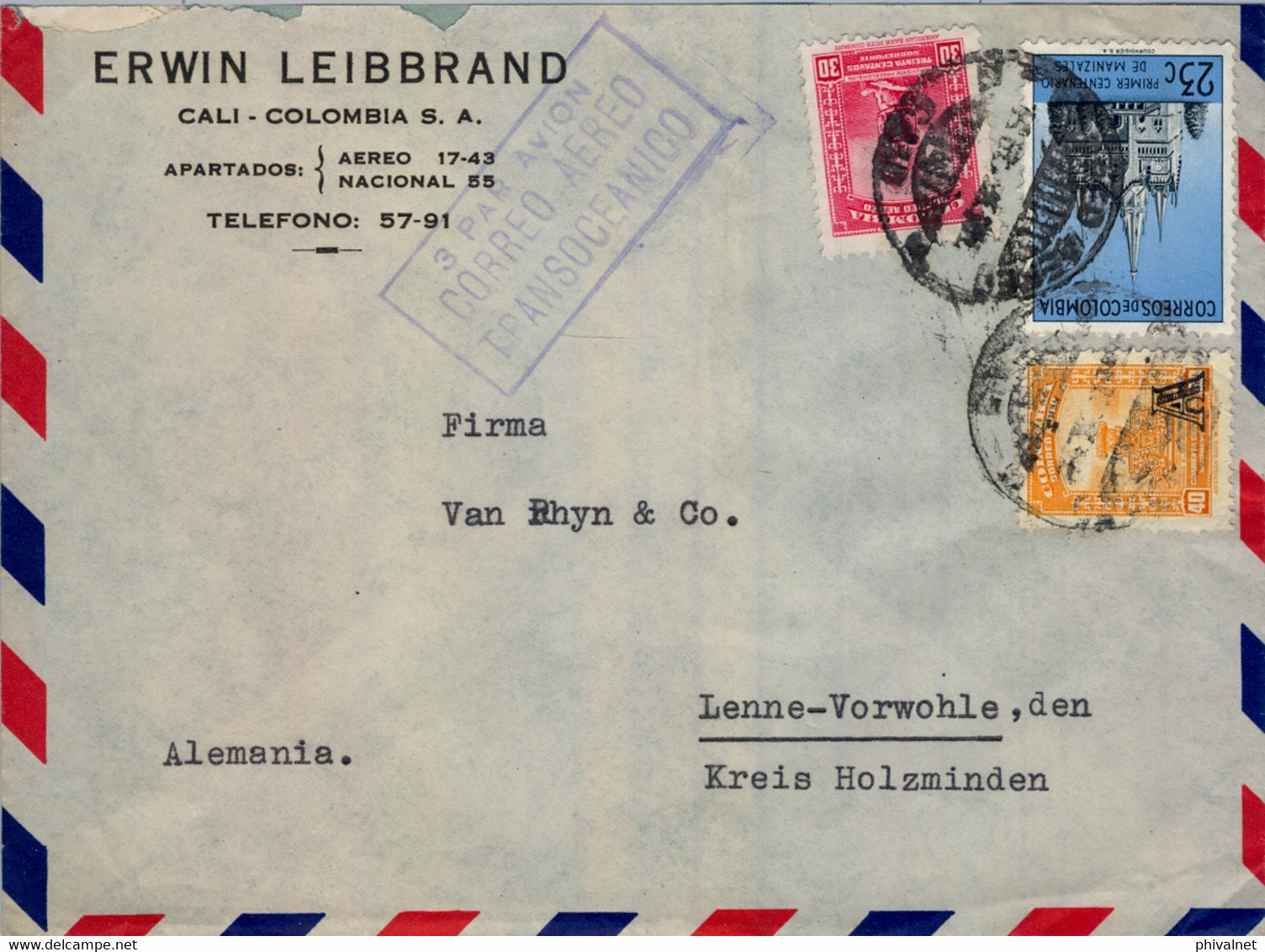 COLOMBIA , SOBRE CIRCULADO  , CALI - LENNE , "  3 PAR AVION / CORREO AÉREO / TRANSOCEÁNICO " - Kolumbien