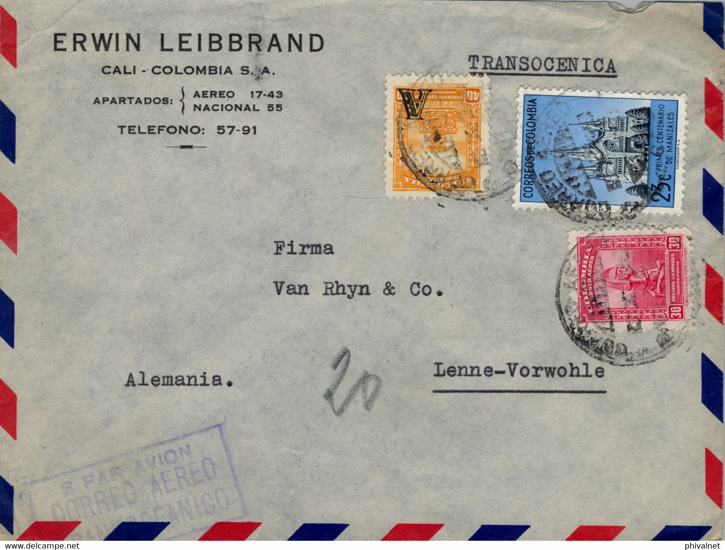 1953  COLOMBIA , SOBRE CIRCULADO  , CALI - LENNE , "  3 PAR AVION / CORREO AÉREO / TRANSOCEÁNICO " - Colombia