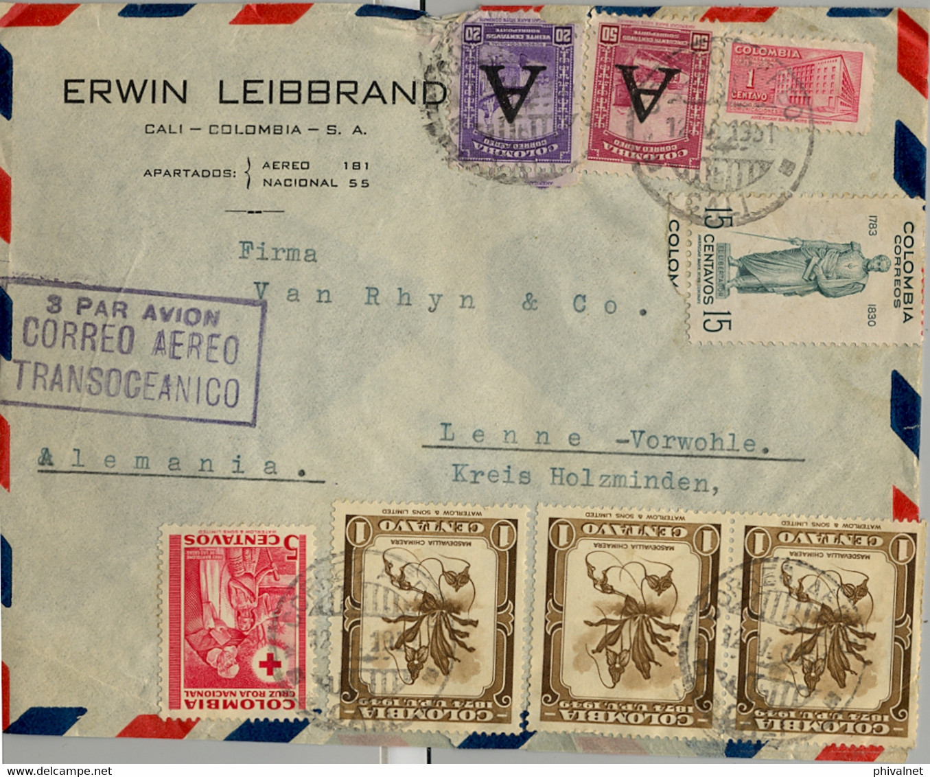 1951  COLOMBIA , SOBRE CIRCULADO  , CALI - LENNE , "  3 PAR AVION / CORREO AÉREO / TRANSOCEÁNICO " - Kolumbien