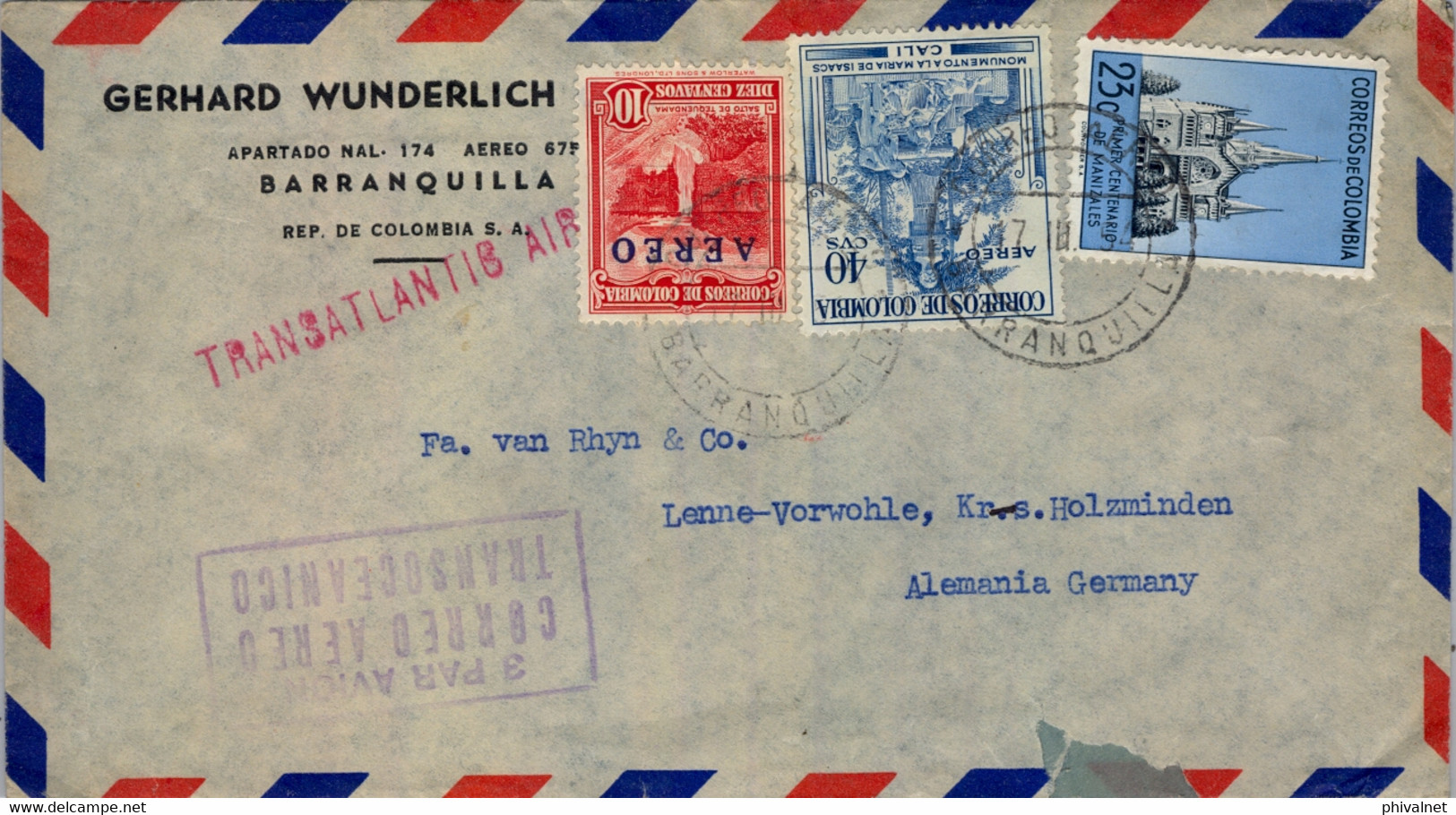 1954  COLOMBIA , SOBRE CIRCULADO  , BARRANQUILLA - LENNE , "  3 PAR AVION / CORREO AÉREO / TRANSOCEÁNICO " - Colombie