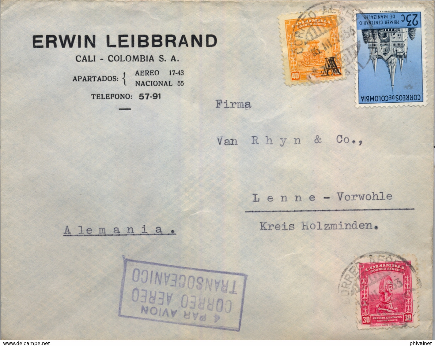 1953  COLOMBIA , SOBRE CIRCULADO  , CALI - LENNE , "  4 PAR AVION / CORREO AÉREO / TRANSOCEÁNICO " - Colombia