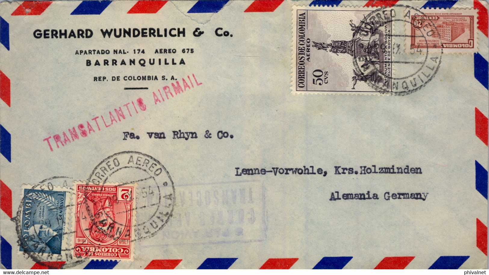 1954  COLOMBIA , SOBRE CIRCULADO  , BARRANQUILLA - LENNE , "  5 PAR AVION / CORREO AÉREO / TRANSOCEÁNICO " - Kolumbien