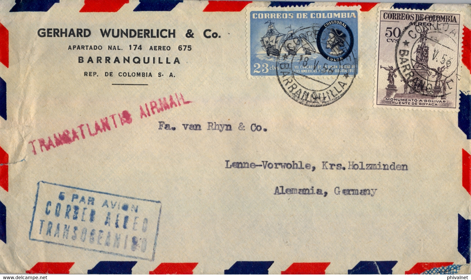 1956  COLOMBIA , SOBRE CIRCULADO  , BARRANQUILLA - LENNE , "  5 PAR AVION / CORREO AÉREO / TRANSOCEÁNICO " - Colombia