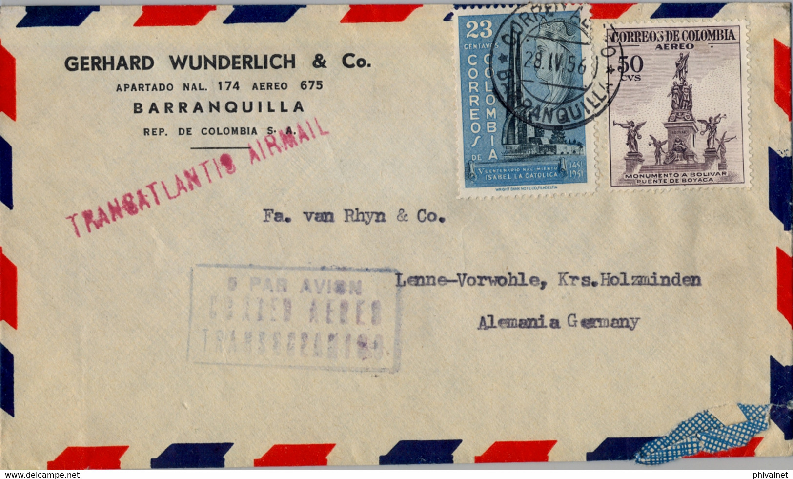 1956  COLOMBIA , SOBRE CIRCULADO  , BARRANQUILLA - LENNE , "  5 PAR AVION / CORREO AÉREO / TRANSOCEÁNICO " - Colombie