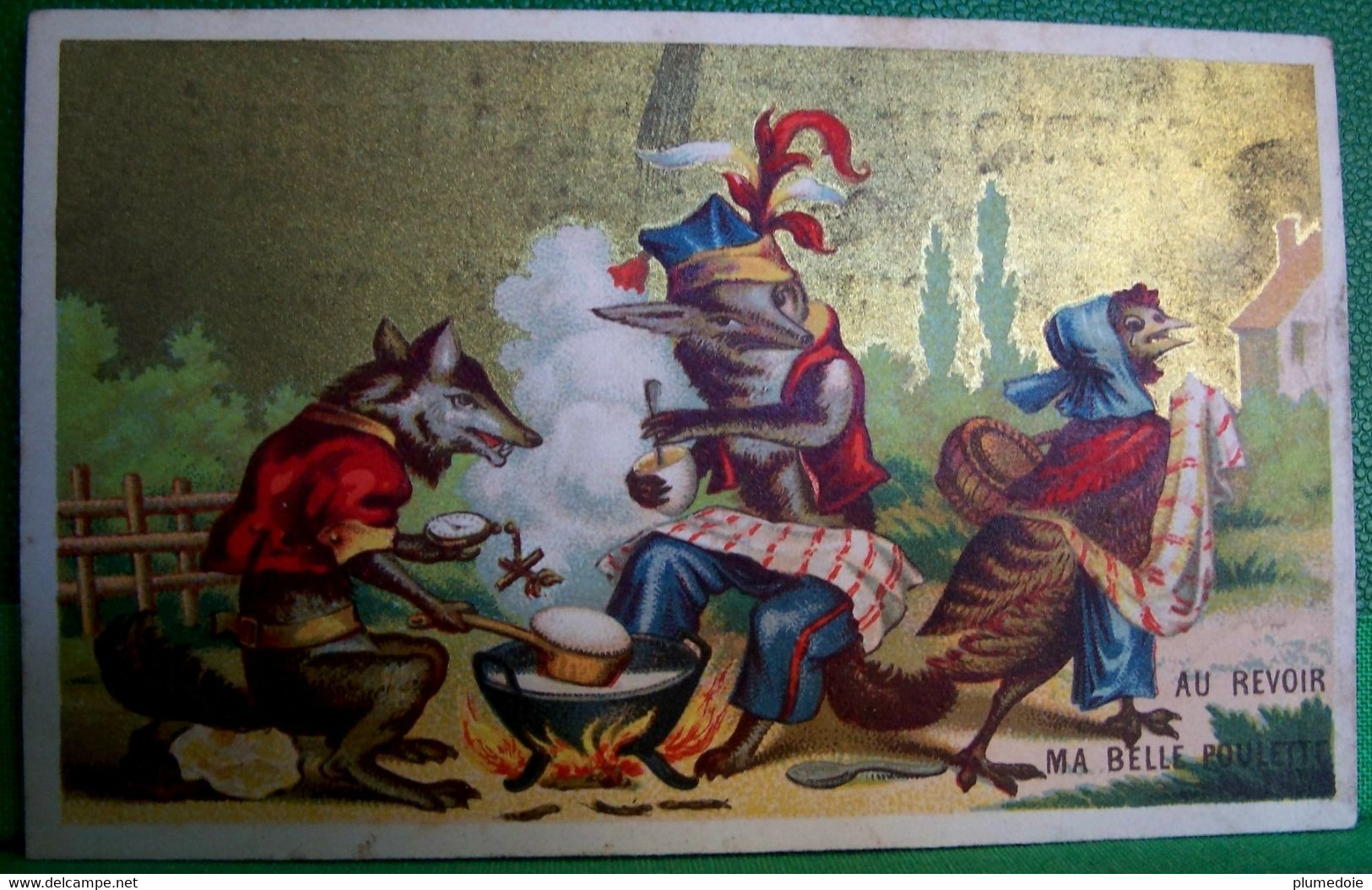 CHROMO XIX è, Animaux  Humanisés , RENARD & POULE   Old Advert Card DRESSED GIPSY FOX & HEN - Animales