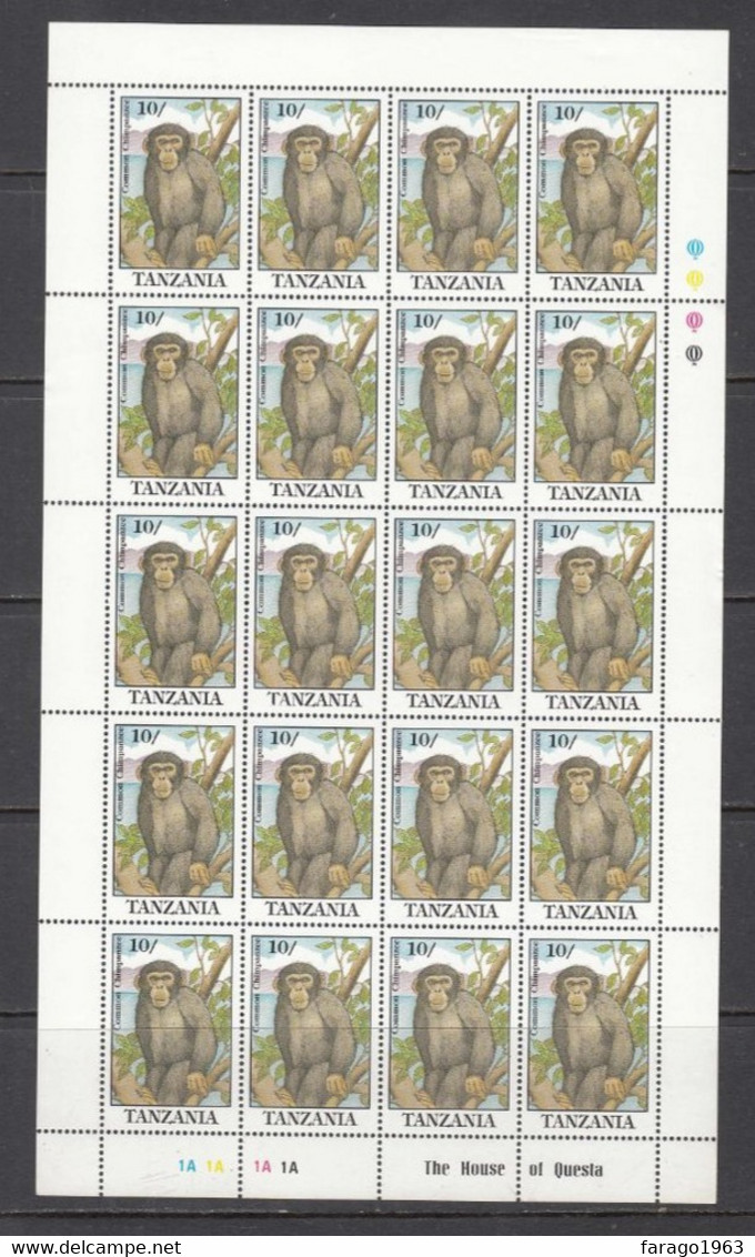 1992 Tanzania 10/- Chimpanzee Primates Complete Sheet Of 20 - Chimpanzés
