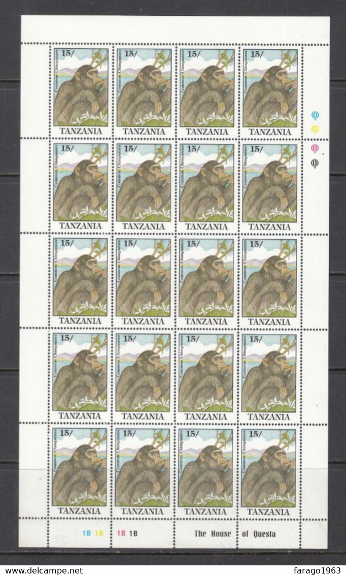 1992 Tanzania 15/- Chimpanzee Primates Complete Sheet Of 20 - Chimpanzés