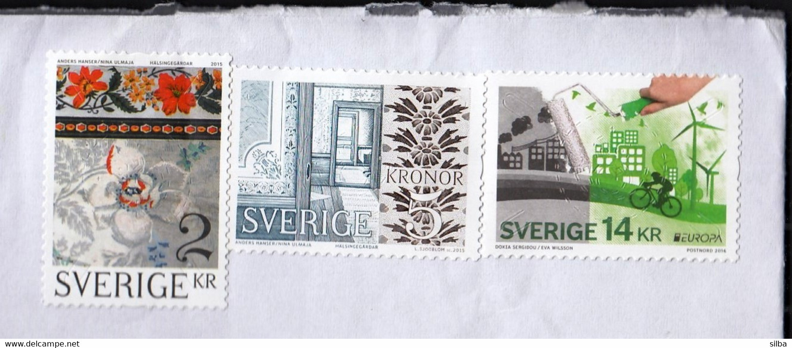 Sweden / 2015 Farmhouses Of Hälsingland 2 Kr, 5 Kr, 2016 EUROPA - Think Green, Bicycle 14 Kr - Storia Postale