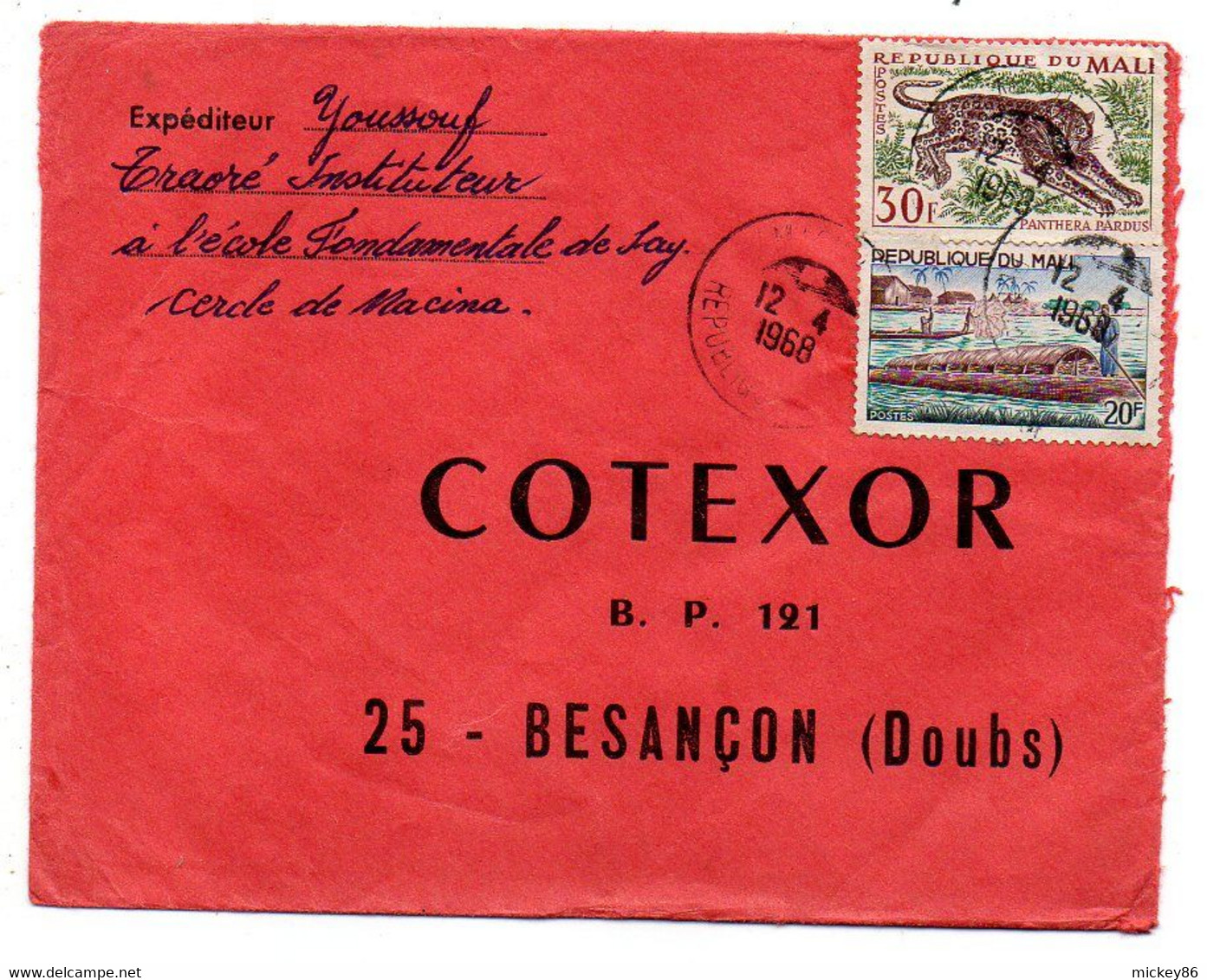 Mali -1968--MACINA  Pour Besançon-25..tp  Panthère , Bateau Traditinnel  Sur Lettre..cachet .... - Mali (1959-...)