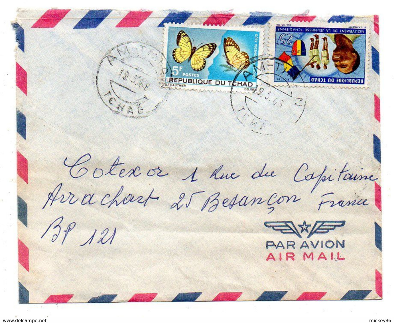 Tchad -1968-- AM-TIMAN   Pour Besançon-25..tp  Papillons + Mouvement Jeunesse    Sur Lettre..cachet ...... - Tchad (1960-...)