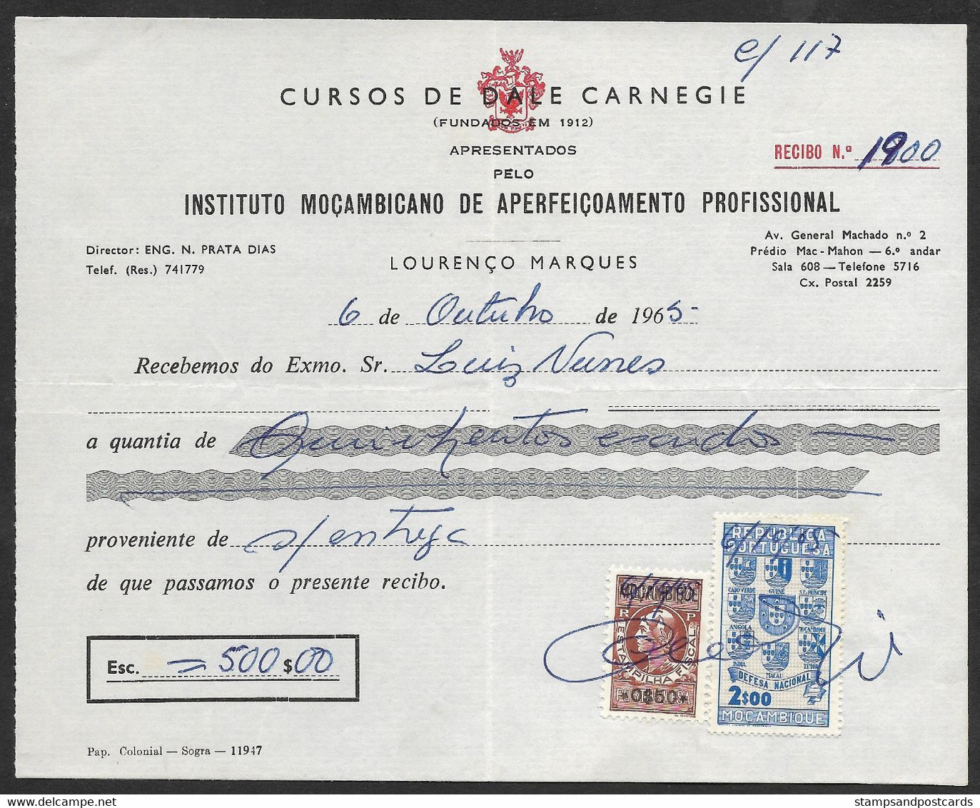 Mozambique Moçambique Portugal Reçu 1965 Cours Dale Carnegie Timbre Fiscal + Defesa Nacional Receipt W/ Revenue Stamp - Storia Postale