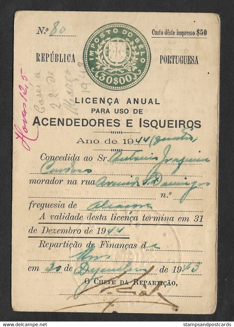Portugal Timbre Fiscal Fixe 30$ Licence De Briquet 1944 Stamped Revenue Lighter License - Lettres & Documents